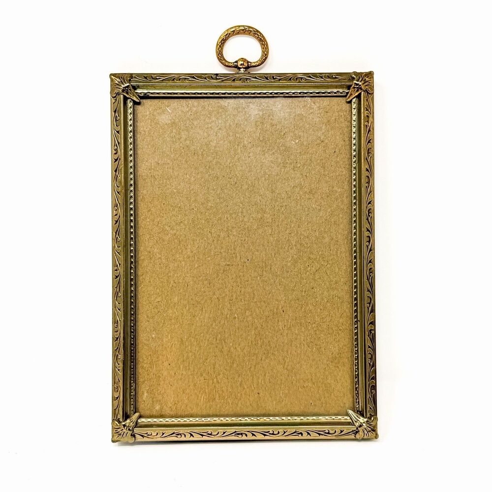 Vintage Hollywood Regency 5x7 Gold Tone Picture Frame Ornate Ring Top Wall Easel